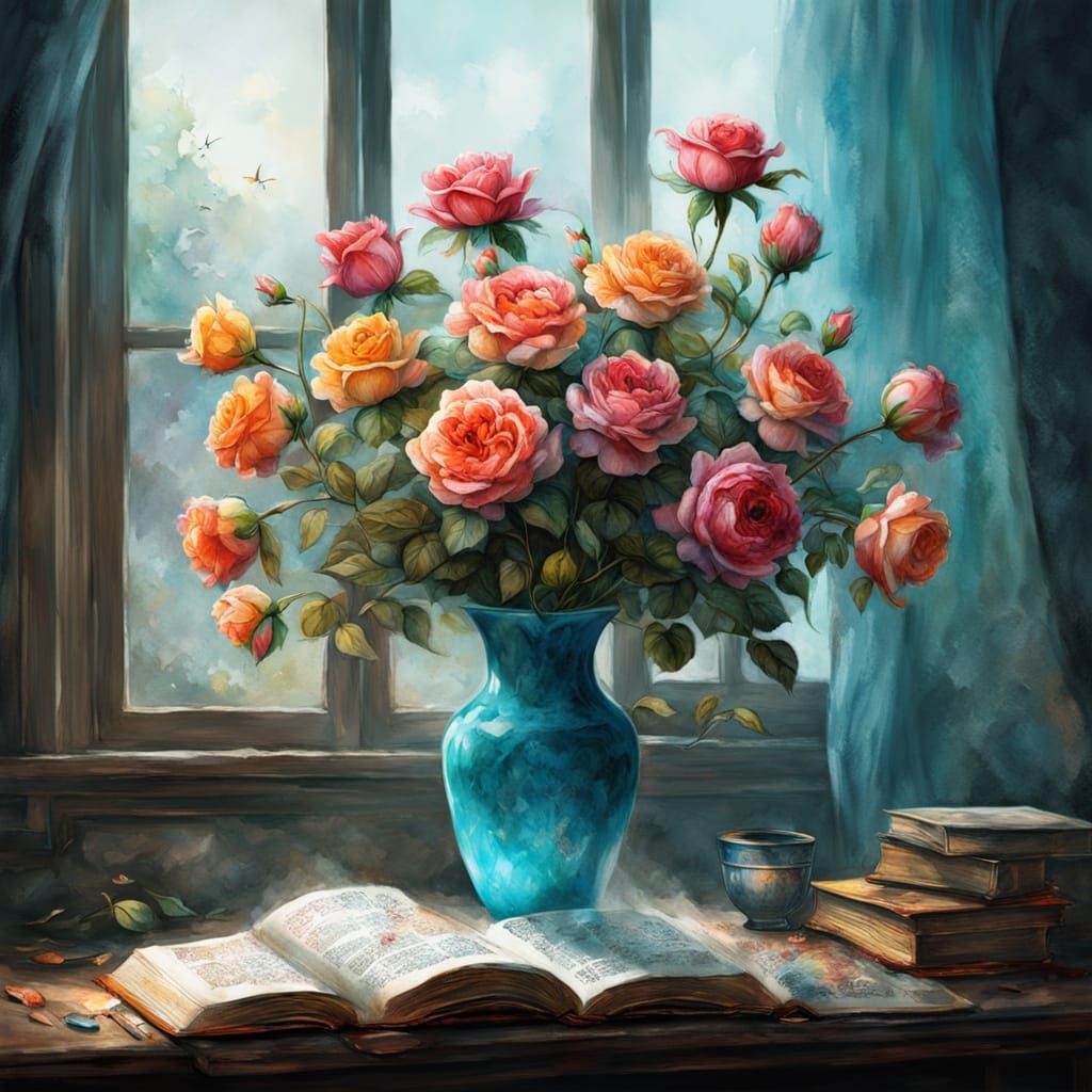 Stunning Damask Roses in a Turquoise Vase, Amidst a Serene F...