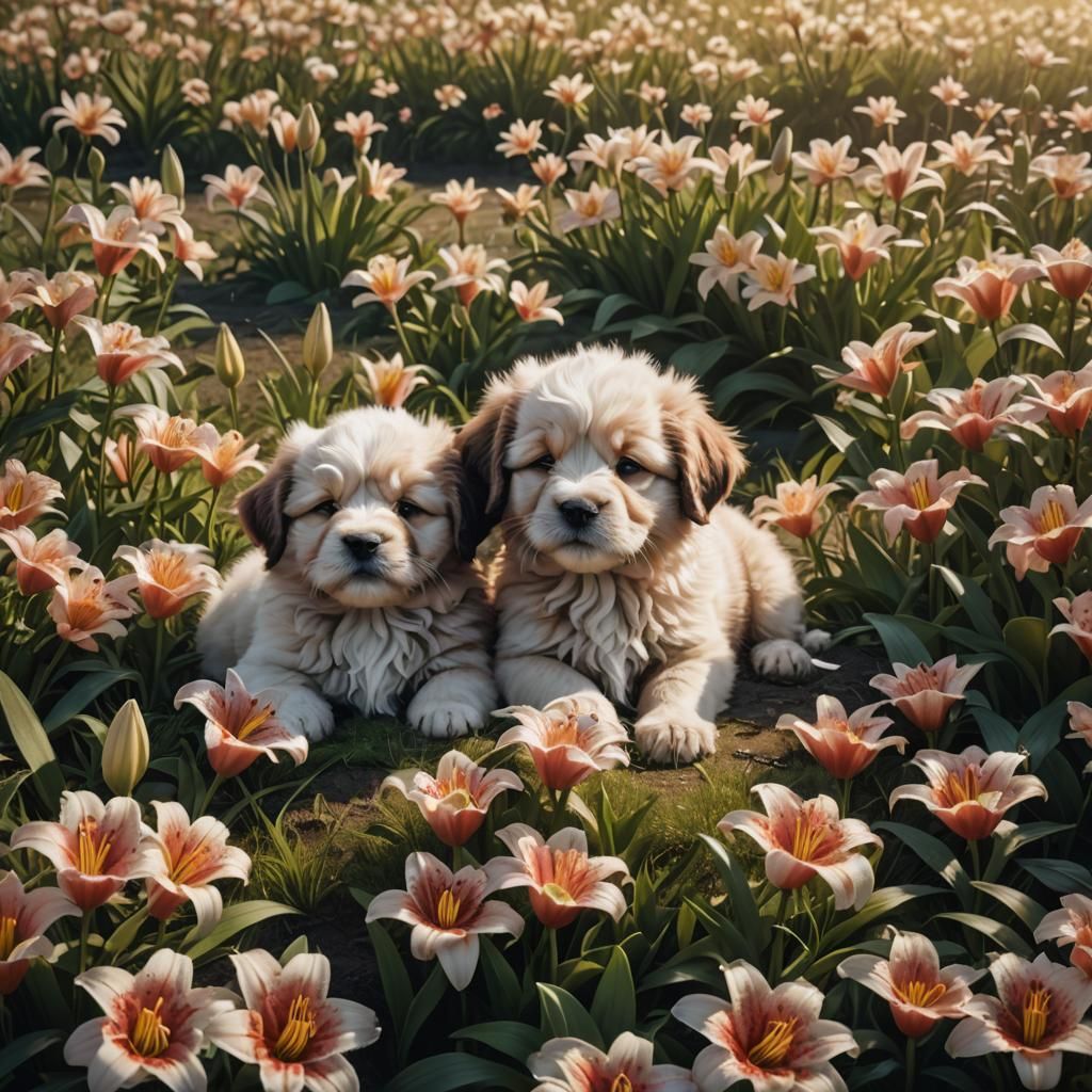 Fluffy Puppies Dream in Lily Field