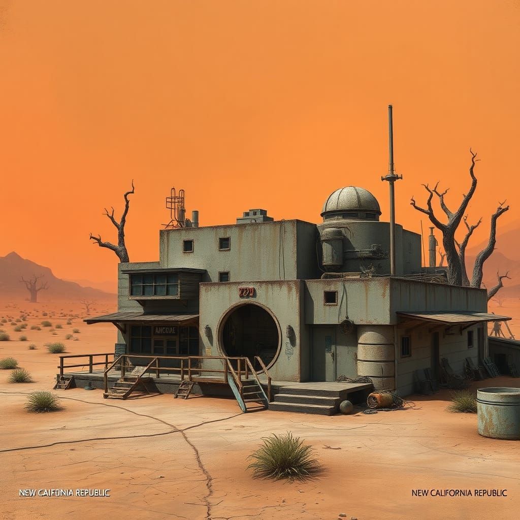 Dystopian New California Republic Outpost in Retro-Futuristi...