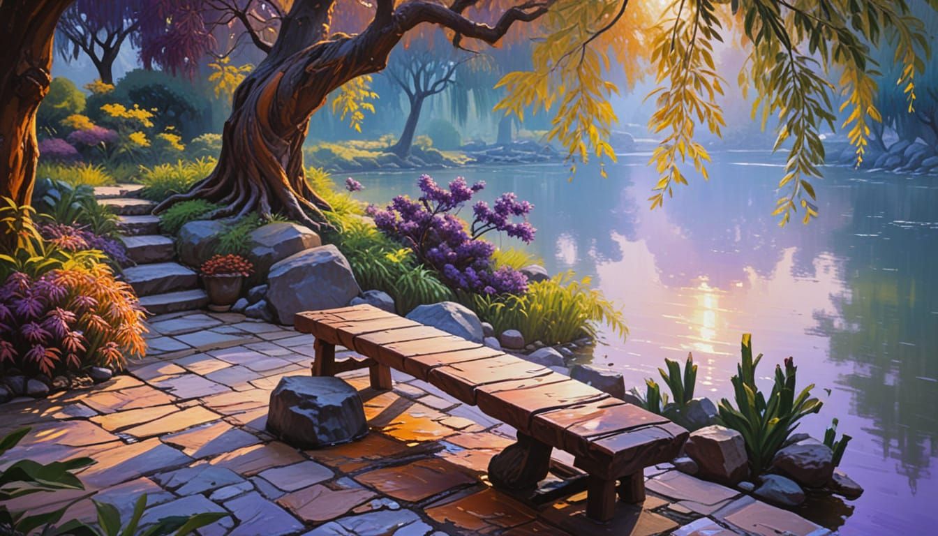 East Asian Garden Willow Tree Impasto Oil Painting