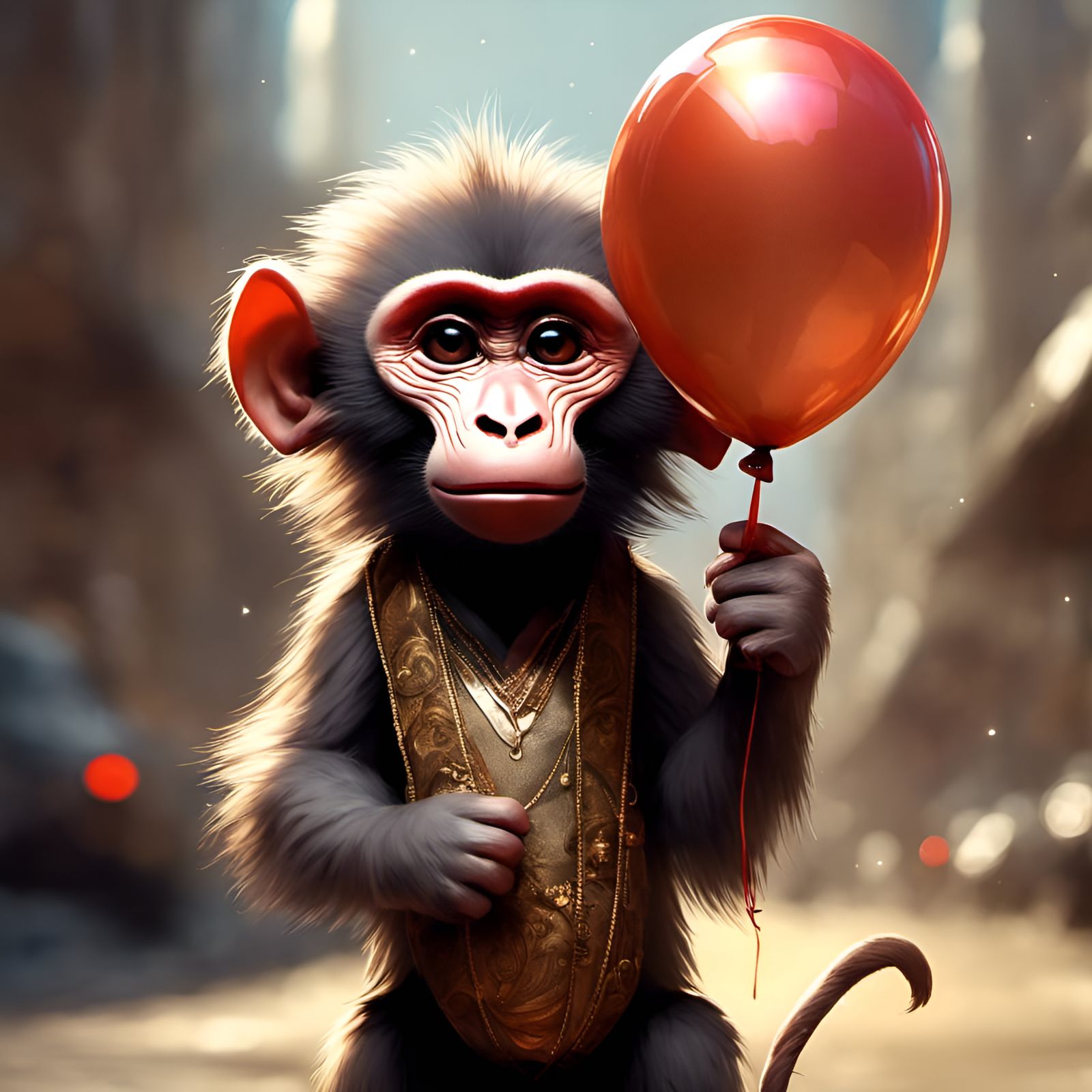 Chibi Baboon Holding Balloon, 3D Render