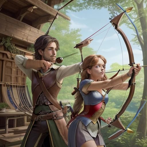 Robinhood and William Tell  in a tree house  practicing archery what a nice bow and arrow