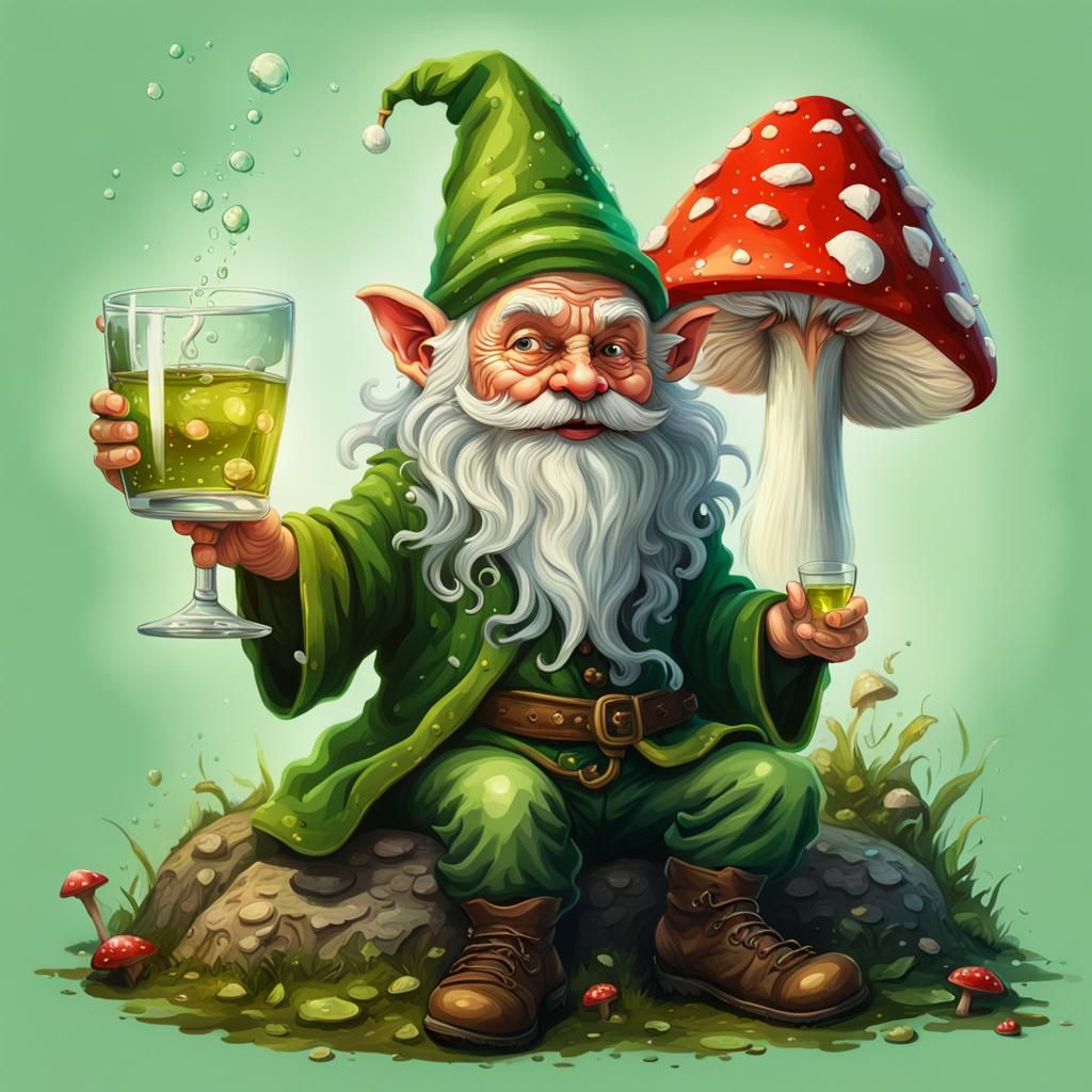 Gnome Drinking Absinthe on Fly Agaric Mushroom