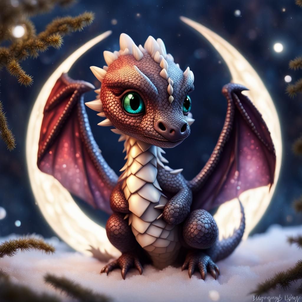 Hatchling Dragon Chibi on Mystical Moon, 3D Portrait