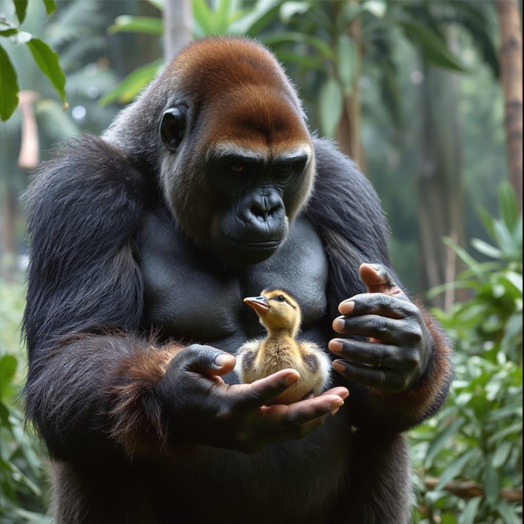 Giant Gorilla Cradles Fluffy Duckling in Lush Jungle