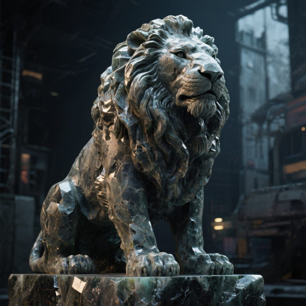 Hyperrealistic Sillimanite Lion Statue with Cinematic Lighti...