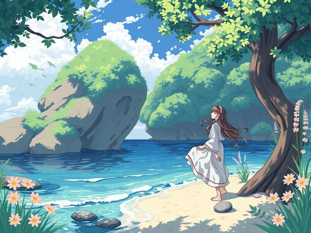 Barefoot Bohemian Woman on the Beach in Anime Style