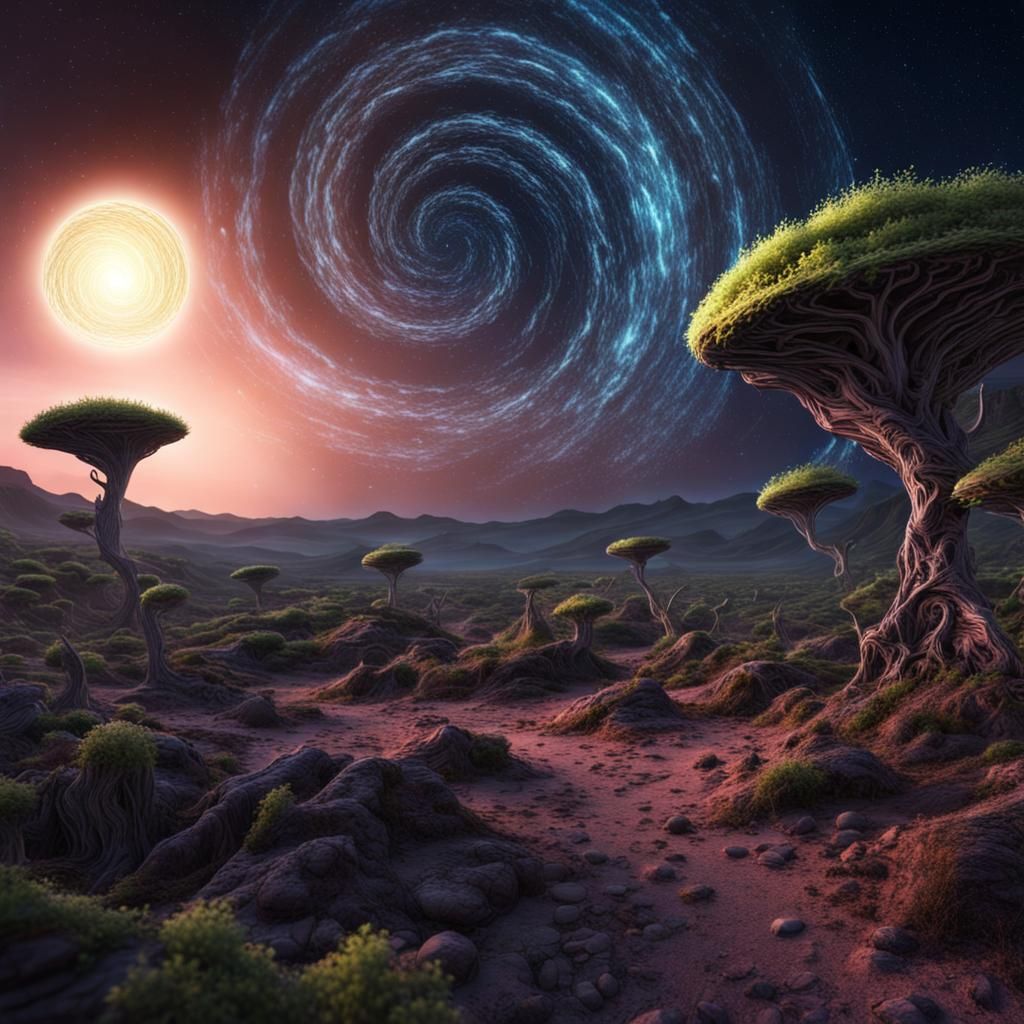 Exotic Alien Planet Under a Spiral Galaxy