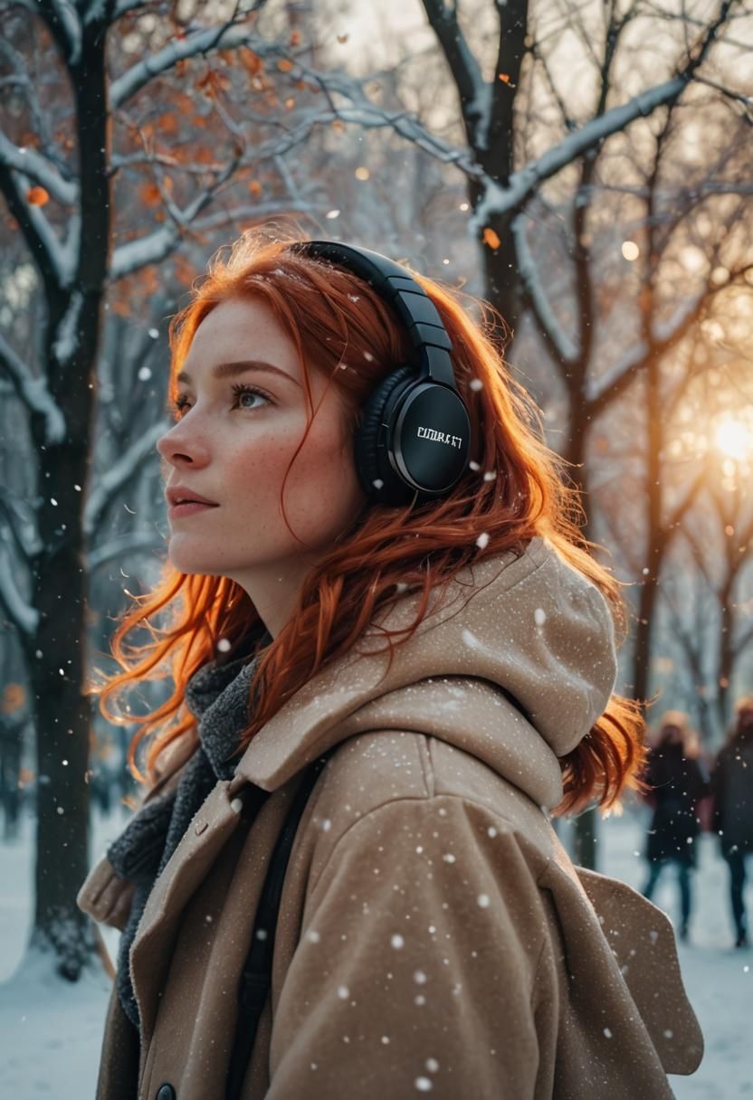 Cinematic Portrait of Woman with Red Hair in Winter