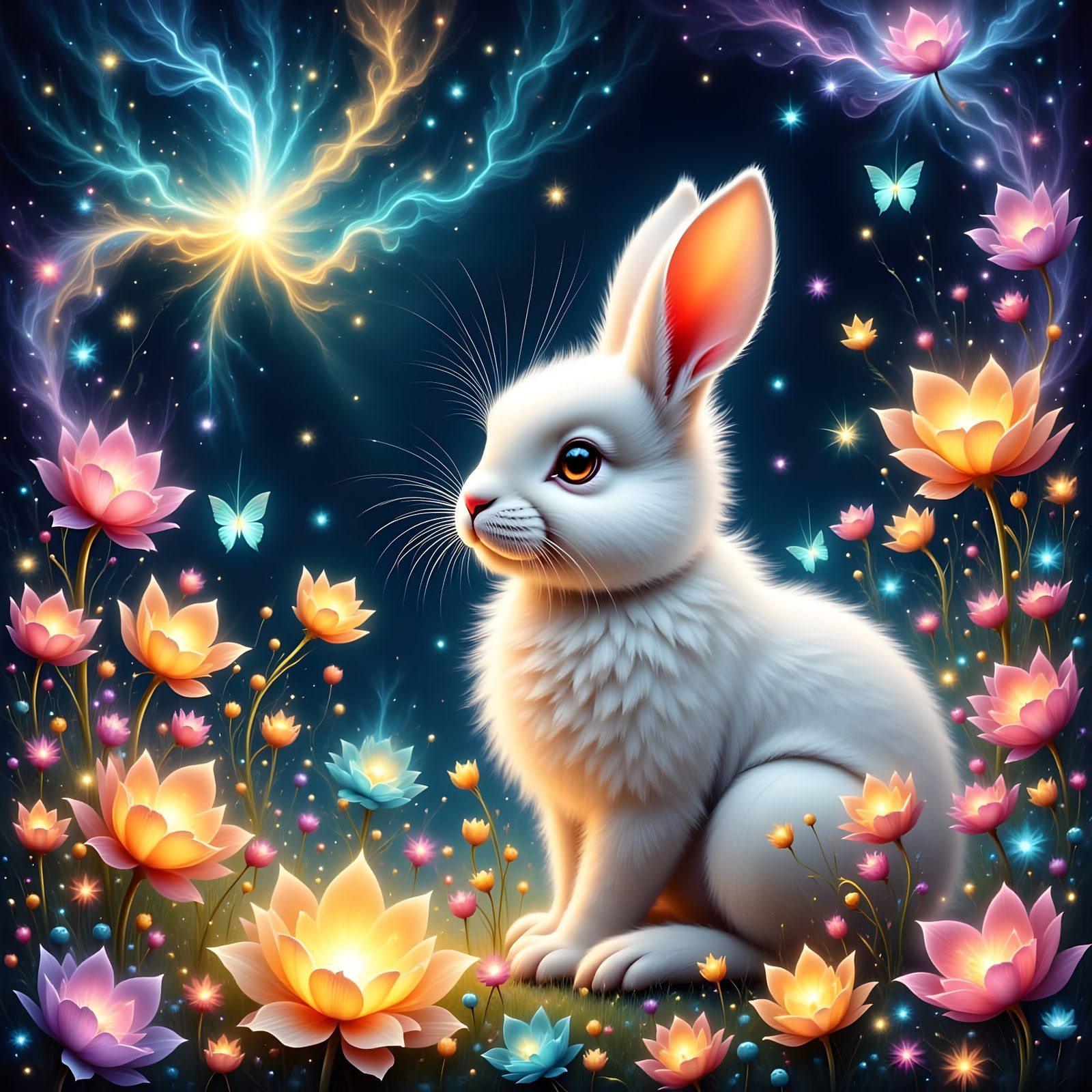 Fluffy Bunny Amidst Ethereal Glowing Orbs in Gouache Style