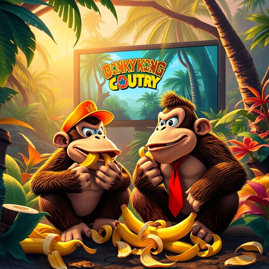 Donkey Kong and Diddy Kong Enjoy Tropical Bananas in a Color...