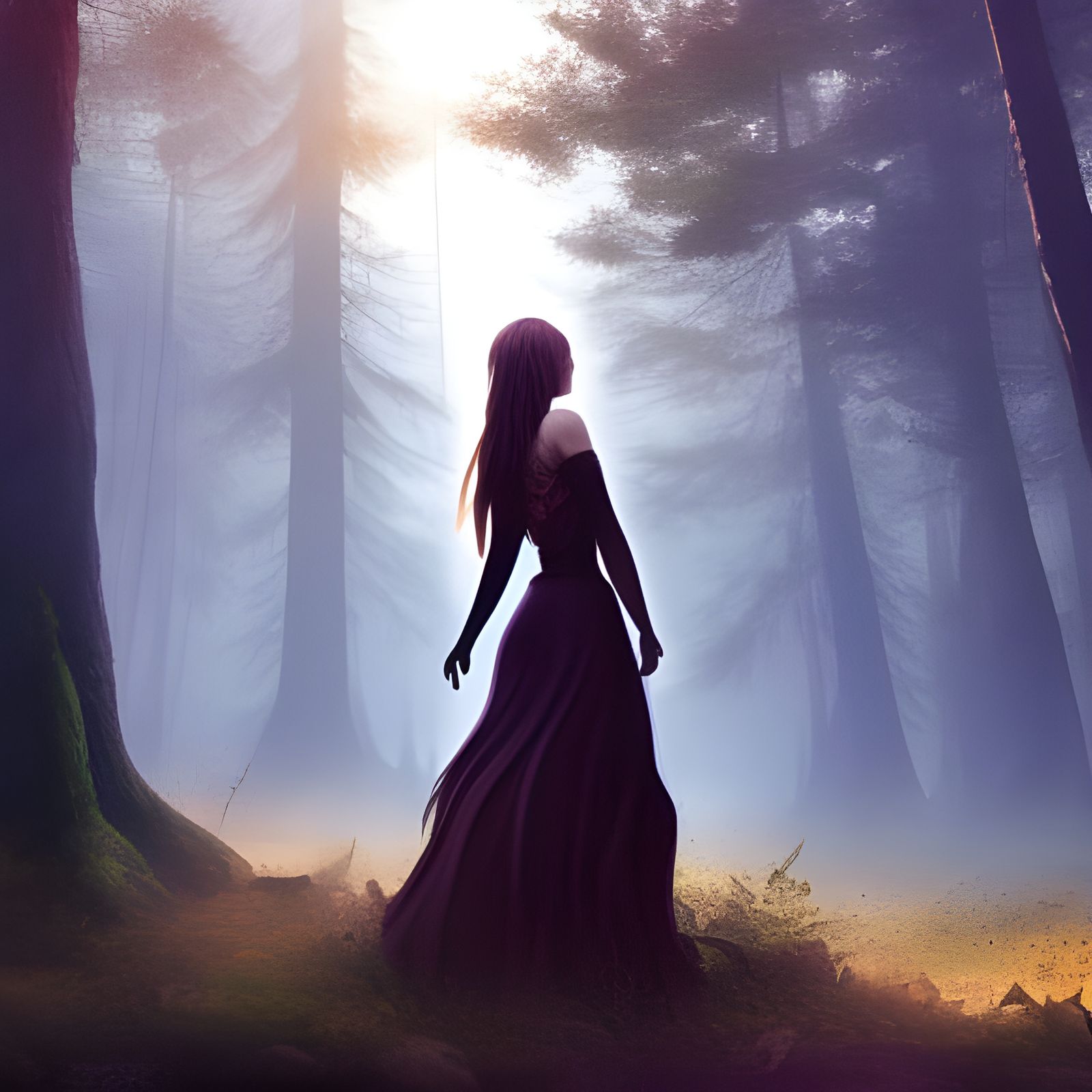 Woman in Forest with Sunlight Shadow