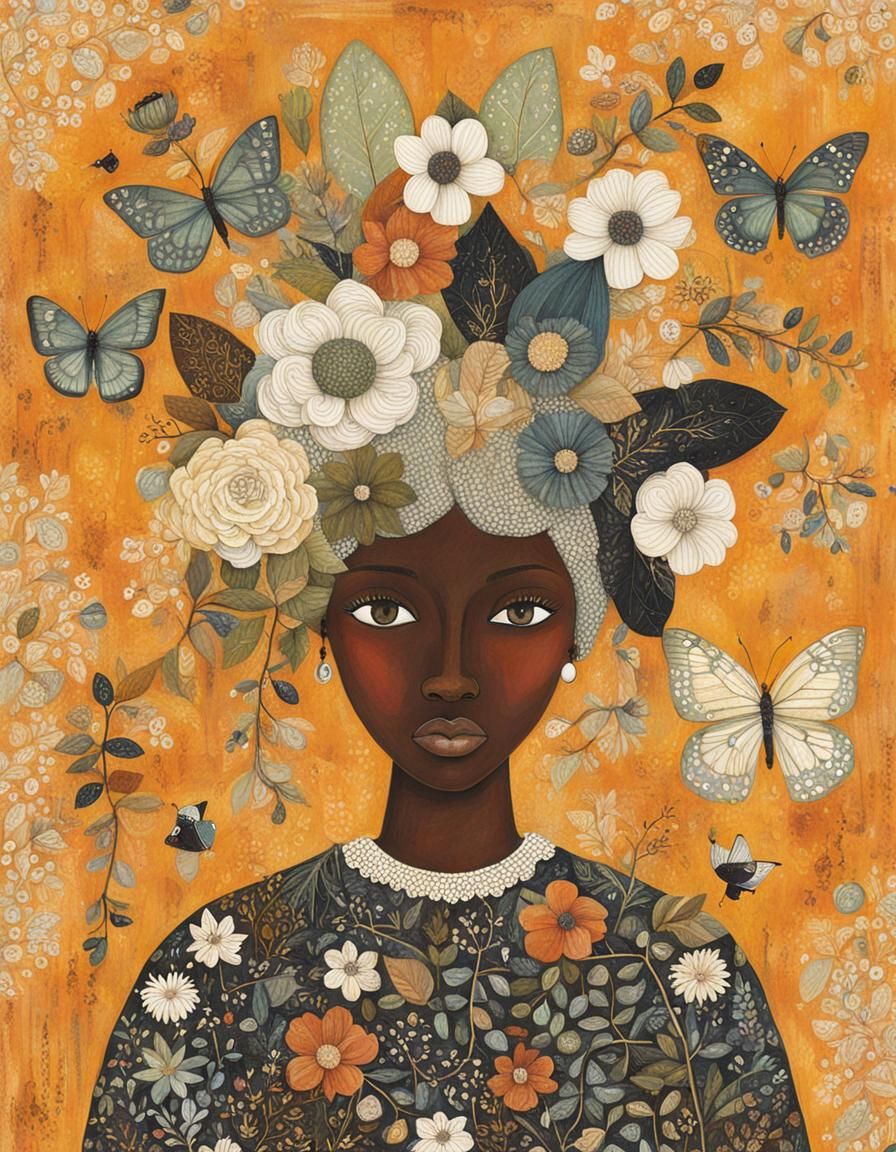 Serene Portrait of Black Girl in Mixed Media Style