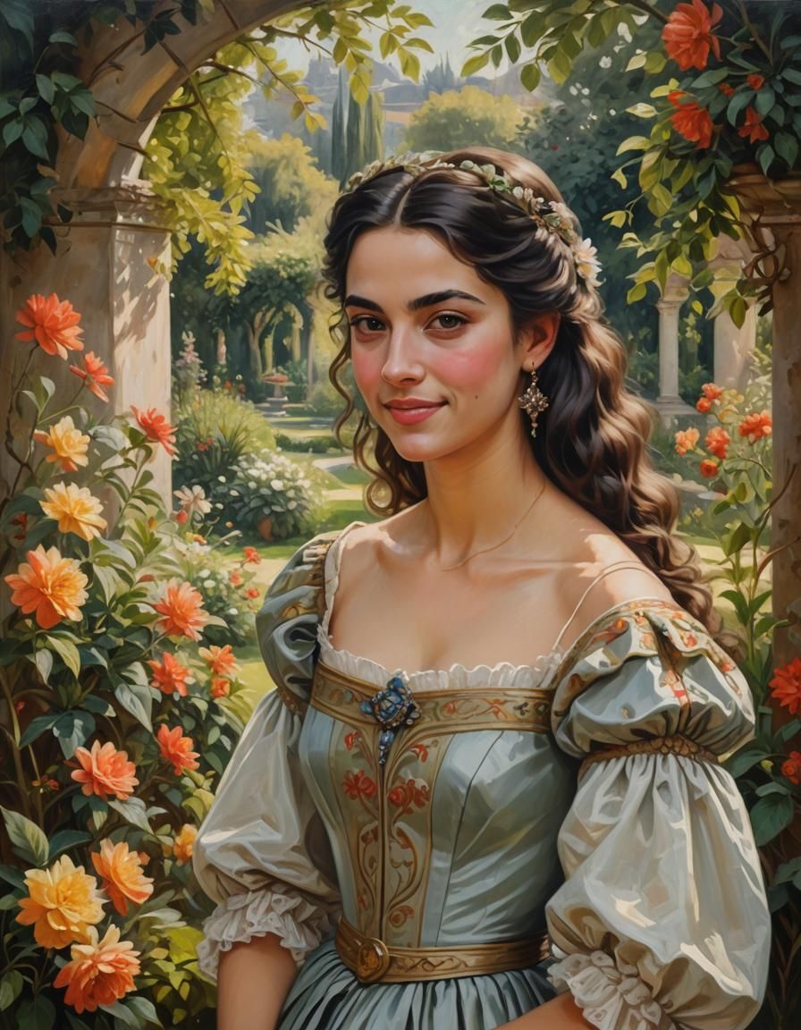 A beautiful young Portuguese Princess, in a garden, shy smile, half body portrait, oil on canvas