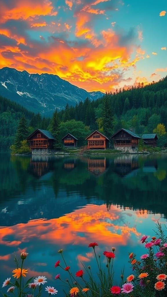 Tranquil Sunset Lake Scene with Traditional Wooden Houses