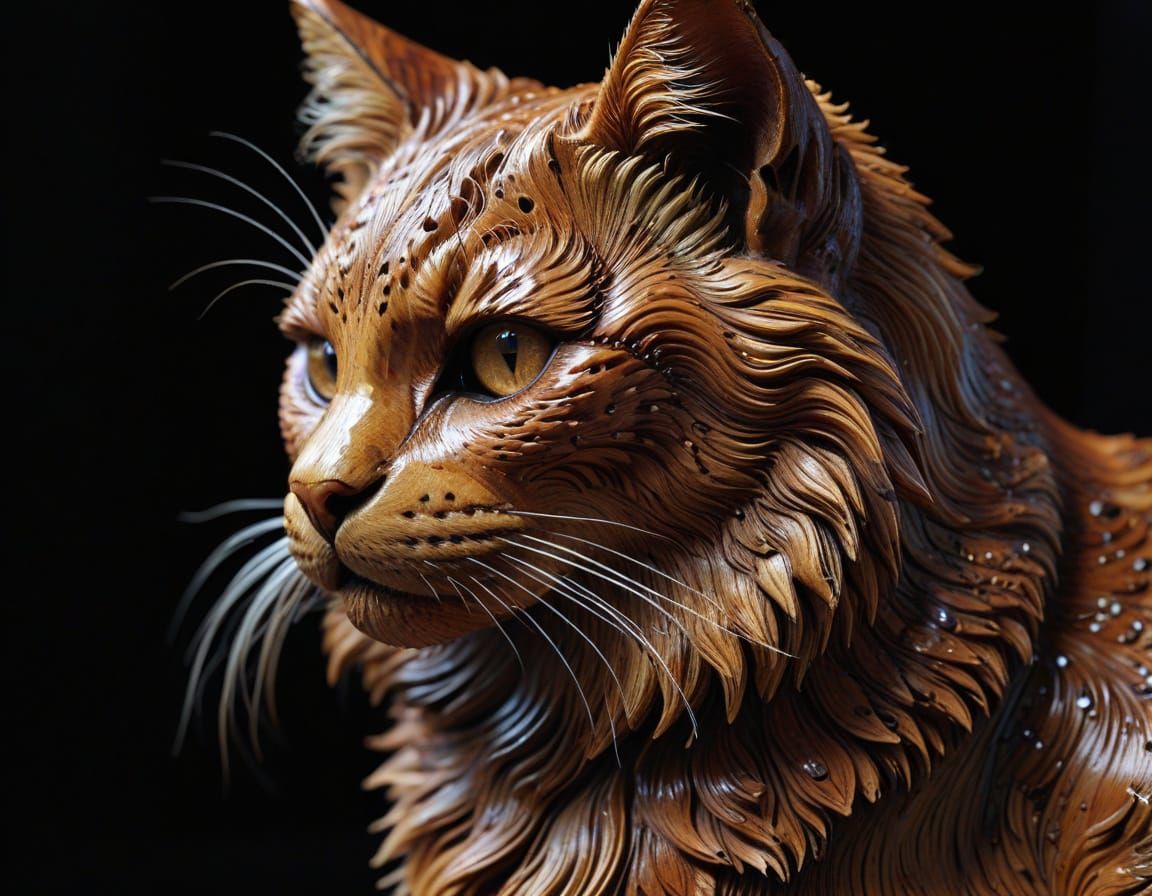 Masterpiece Wooden Cat Sculpture with Intricate Details