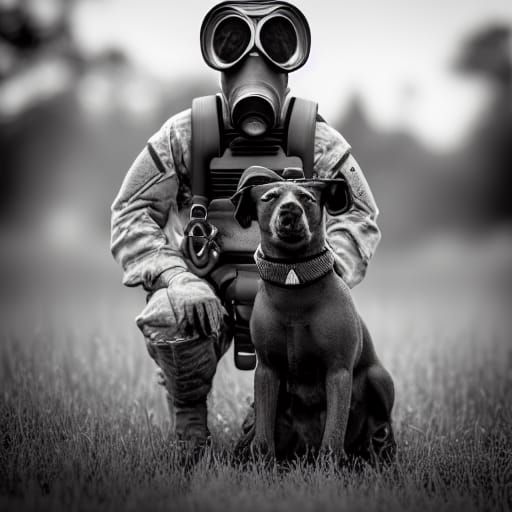 Futuristic Soldier and Dog in Field