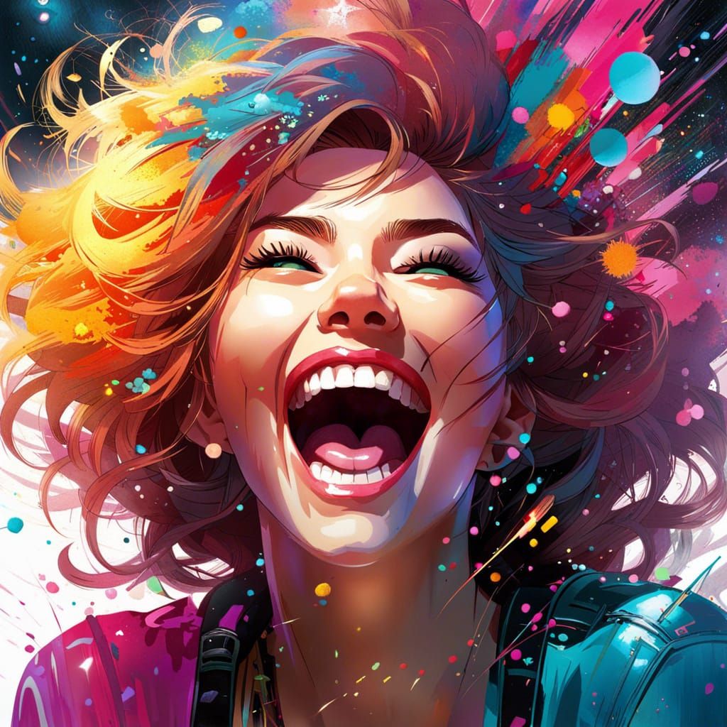 Joyful Woman's Contagious Laughter in Colorful Explosion
