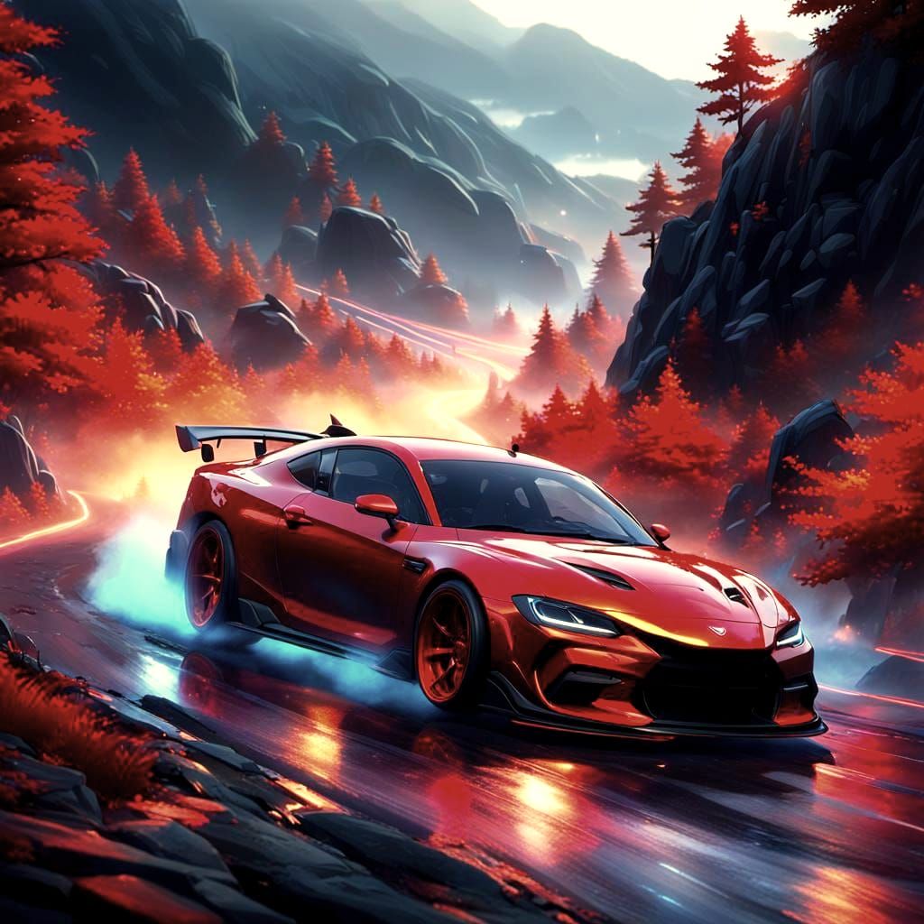 Red Car Drifting in Anime Style 3D Art