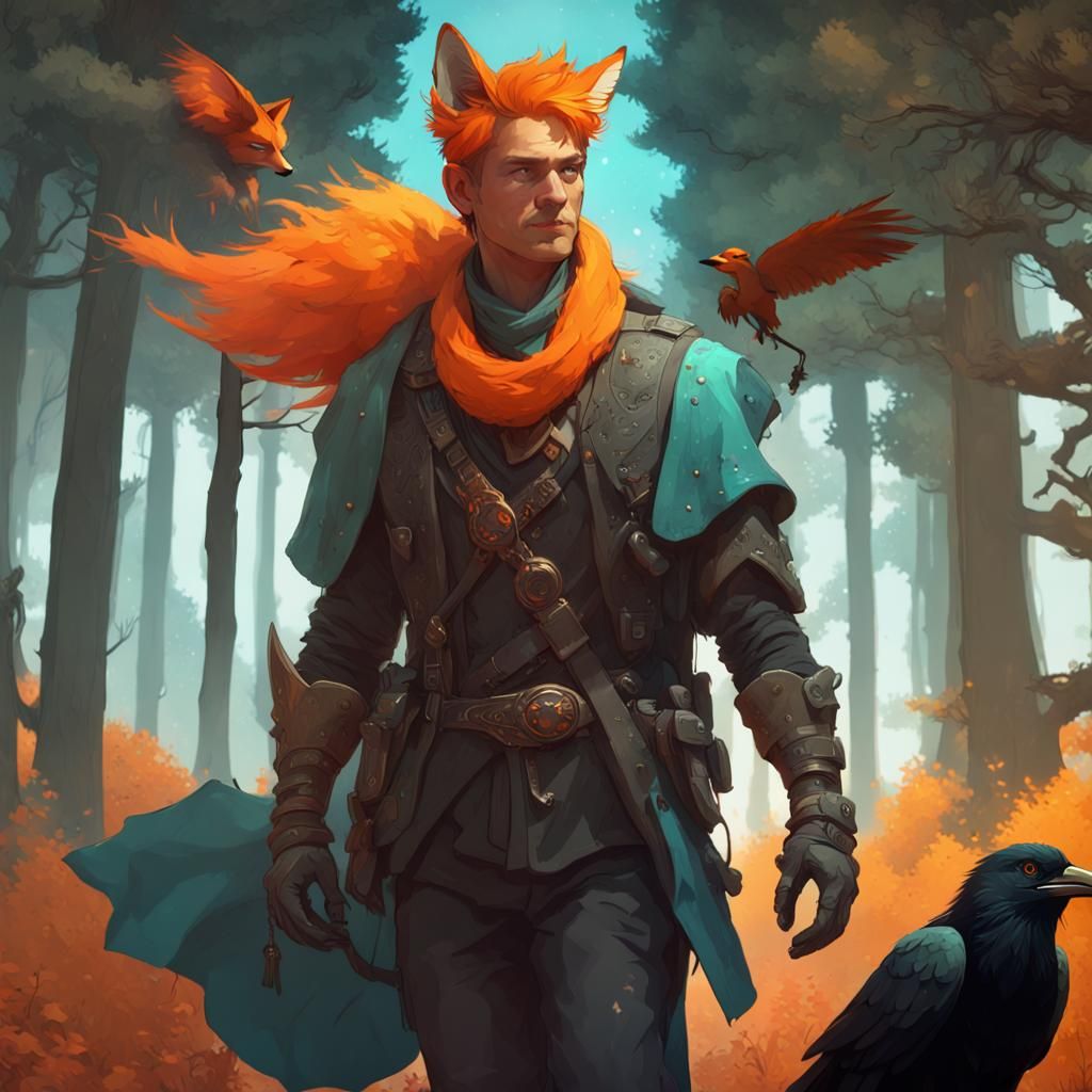 Orange Fox-Man Walks in Forest, Art Nouveau Style