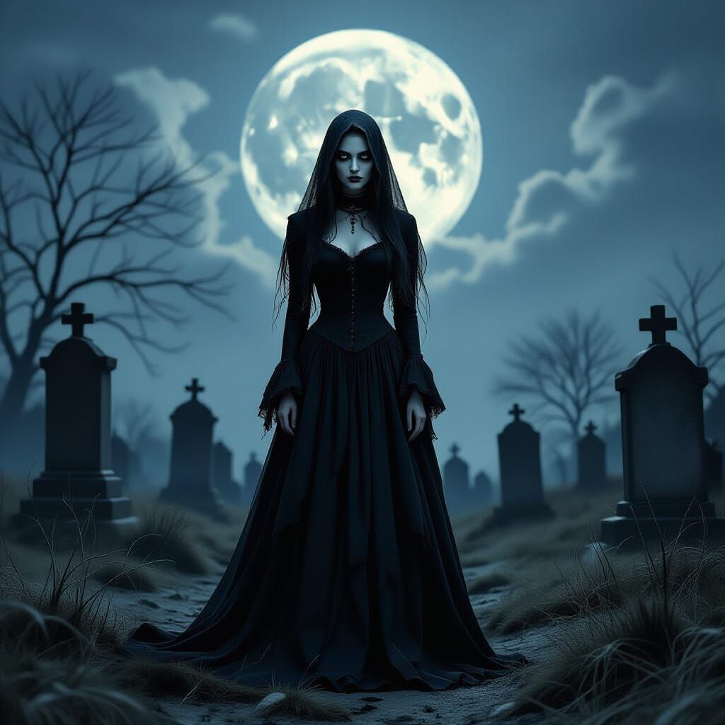 Gothic Woman in Graveyard with Dramatic Lighting