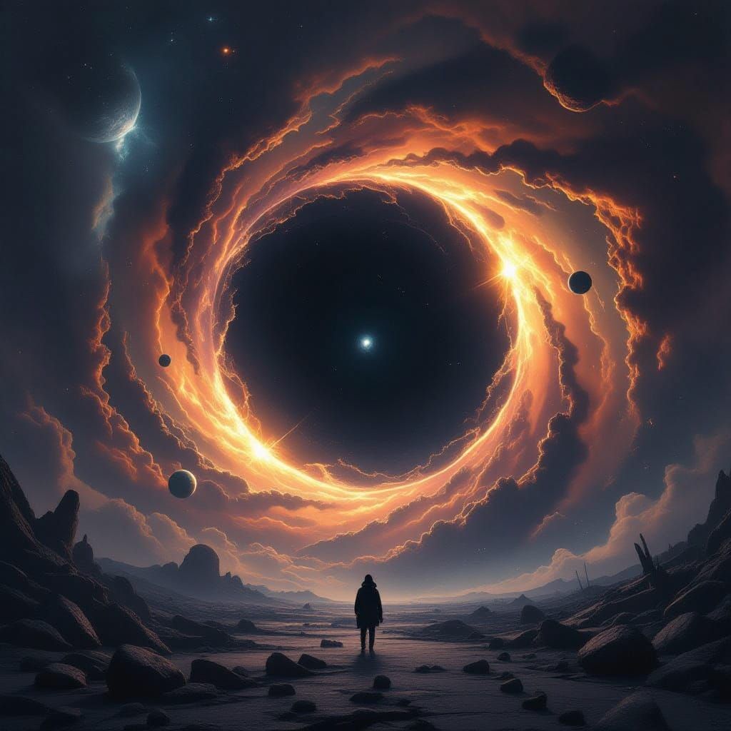 Cosmic Devourer: Eerie Black Hole Engulfing a Solar System