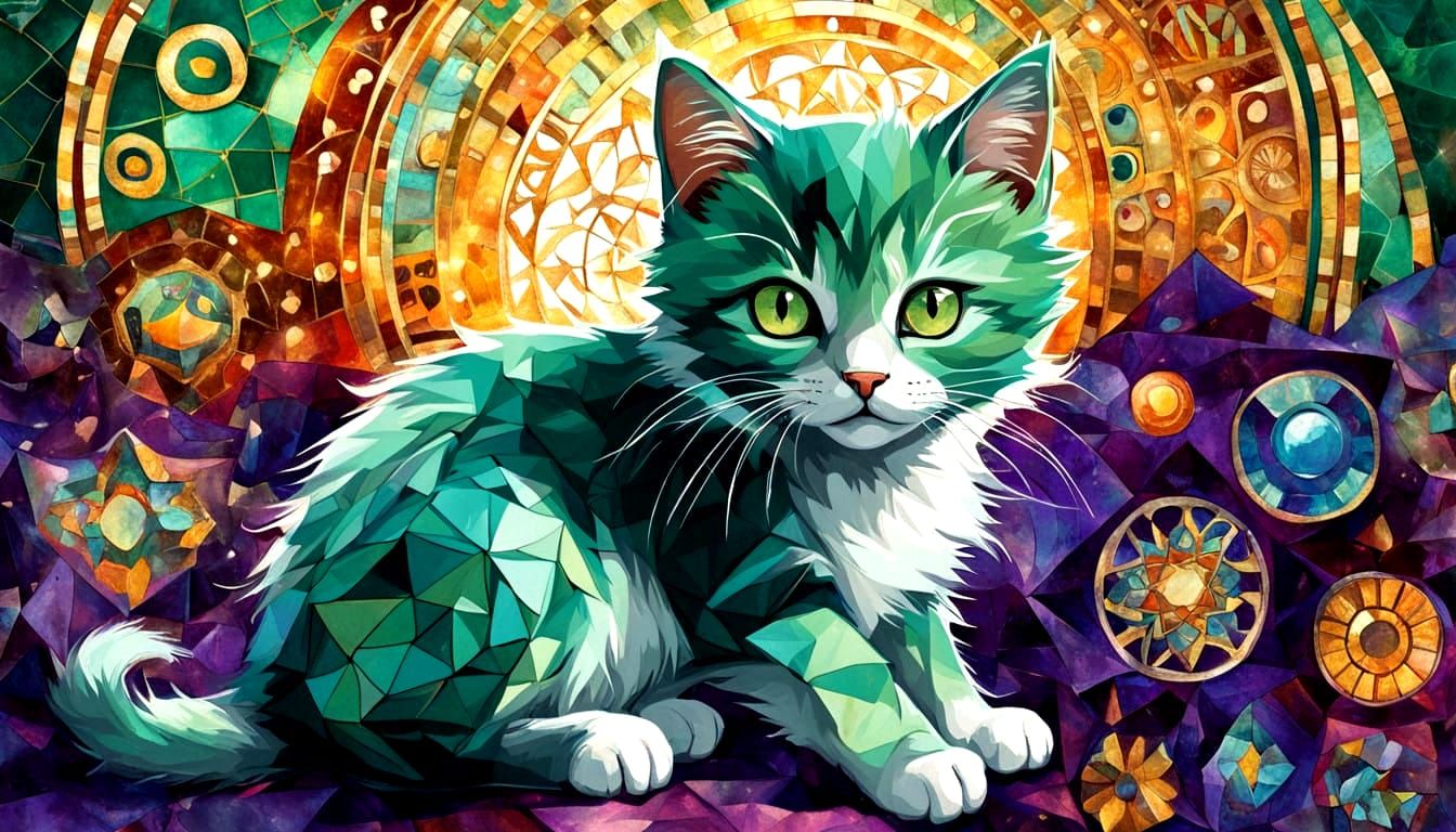 Majestic Feline Goddess in Whimsical Mosaic Wonderland