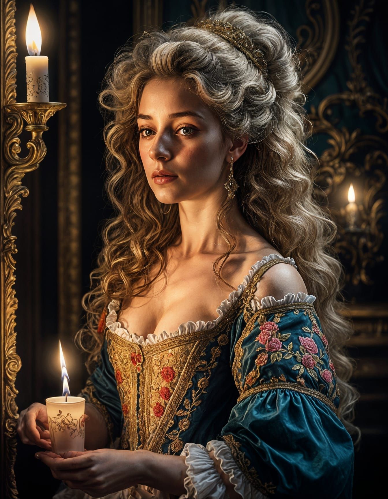 Crying Woman with Candle in Dark Rococo Style