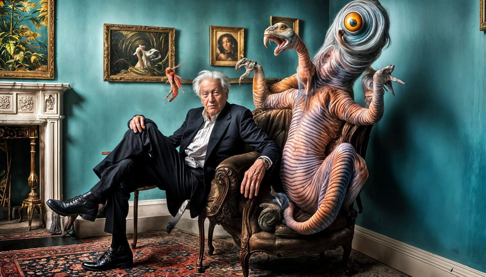 Surreal Party with Bizarre Creatures in Photorealistic Style