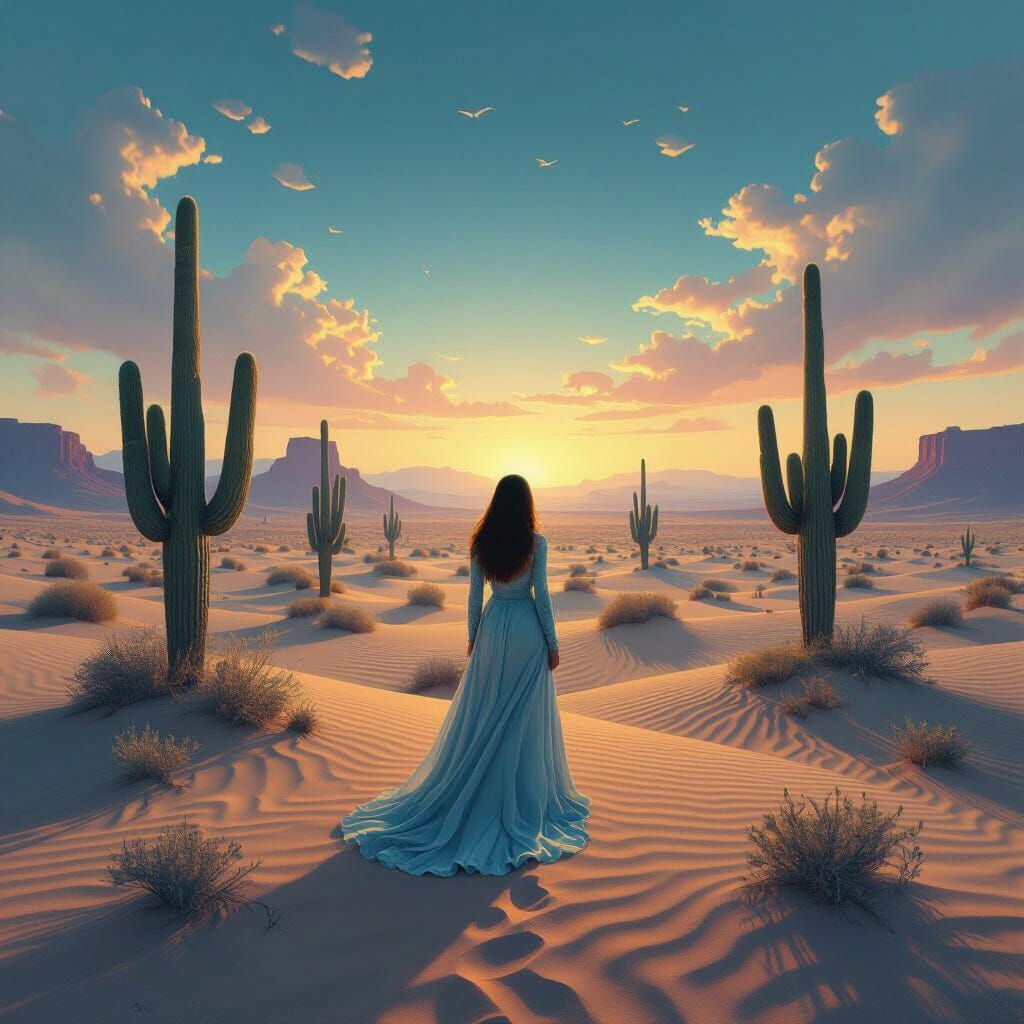 Surreal Desert Twilight with Melting Cacti and Abstract Mesa...