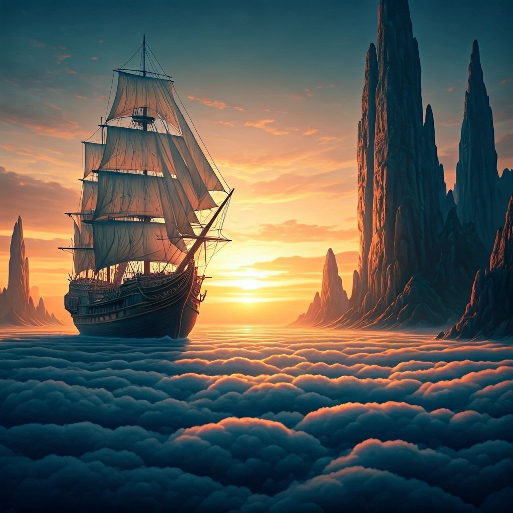 Tall Ship on Cloud Sea Under Double Sunset