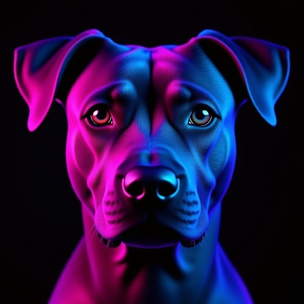 Neon Portrait of a Dark Haired Pitbull
