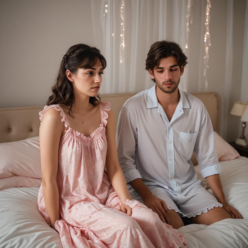 Young Woman Watches Boyfriend Sleeping in Nightgown