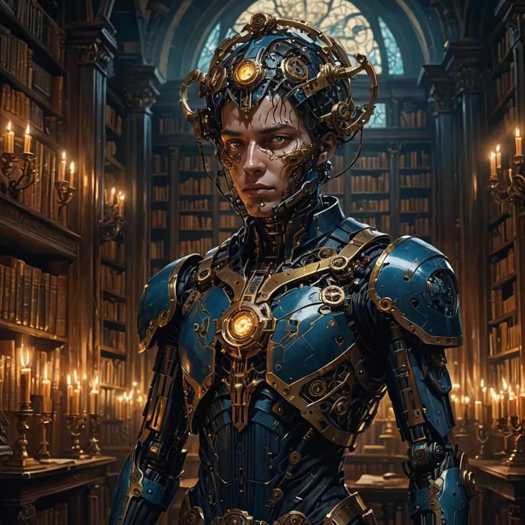 Cyborg in Library: Dark Academia Oil Painting