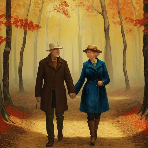 Autumnal Couple Stroll in Expressionist Oil Painting