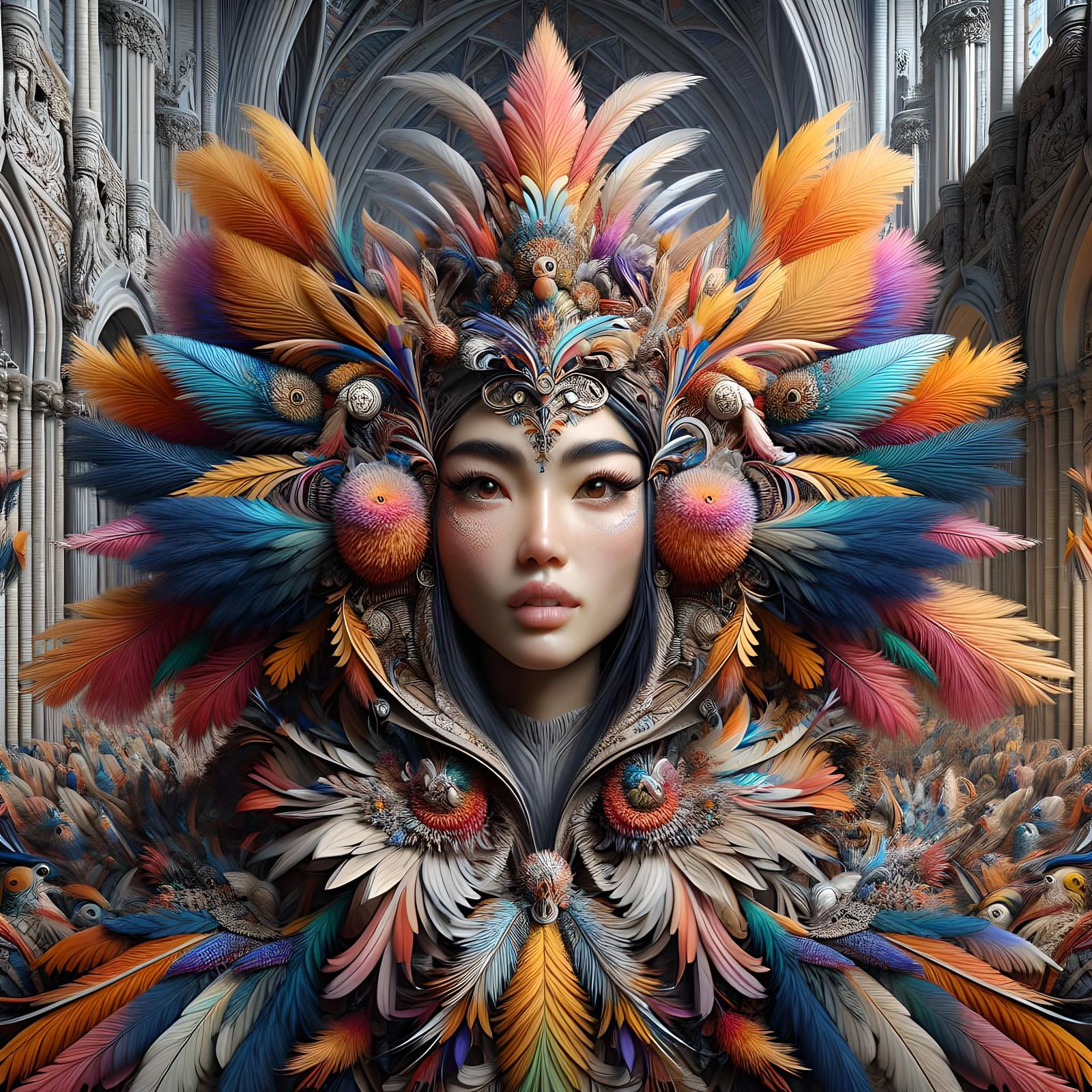 Feathered Girl in Cathedral: 19th Century Inspired Portrait
