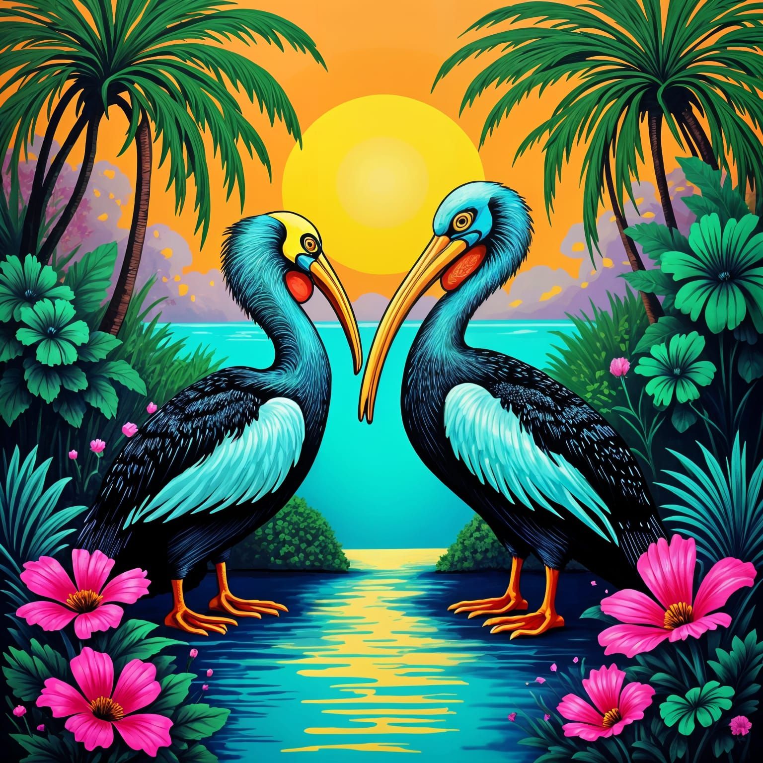 Pelicans in Neon Tropical Oasis