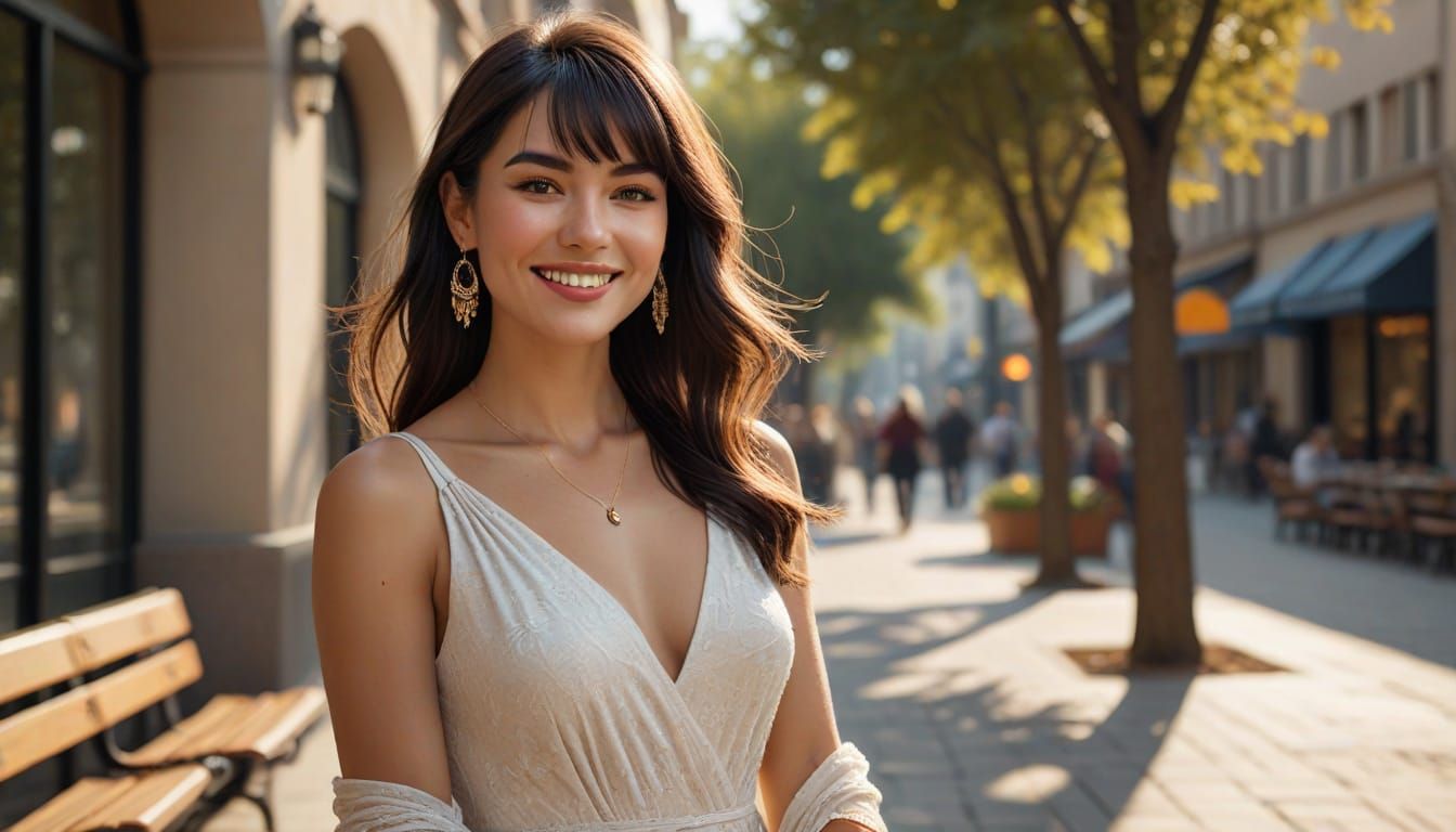 Elegant Woman Counts Money in Lively Modern Plaza