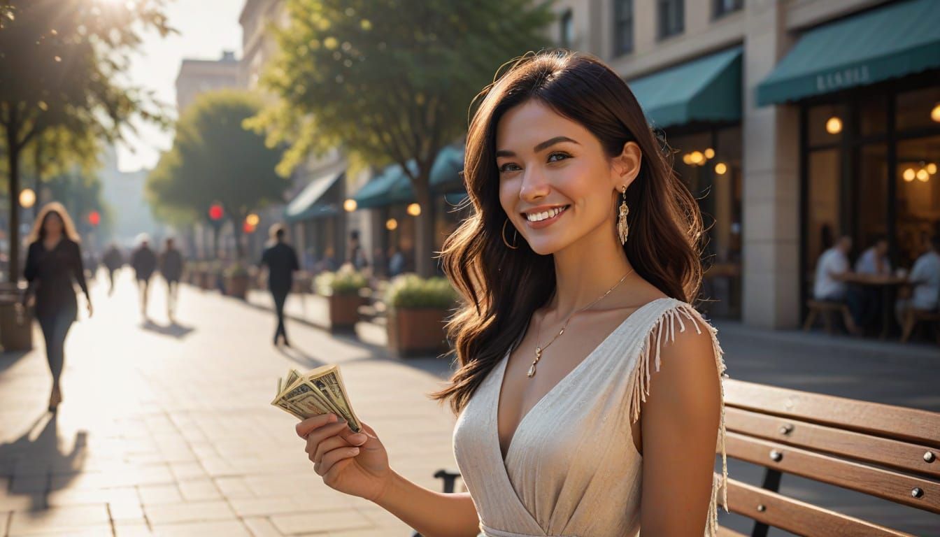 Elegant Woman Counting Money in Modern Plaza