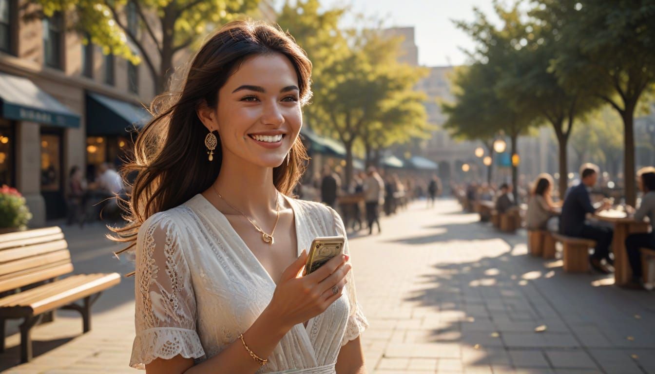 Elegant Woman Joyfully Counts Money in a Modern Plaza