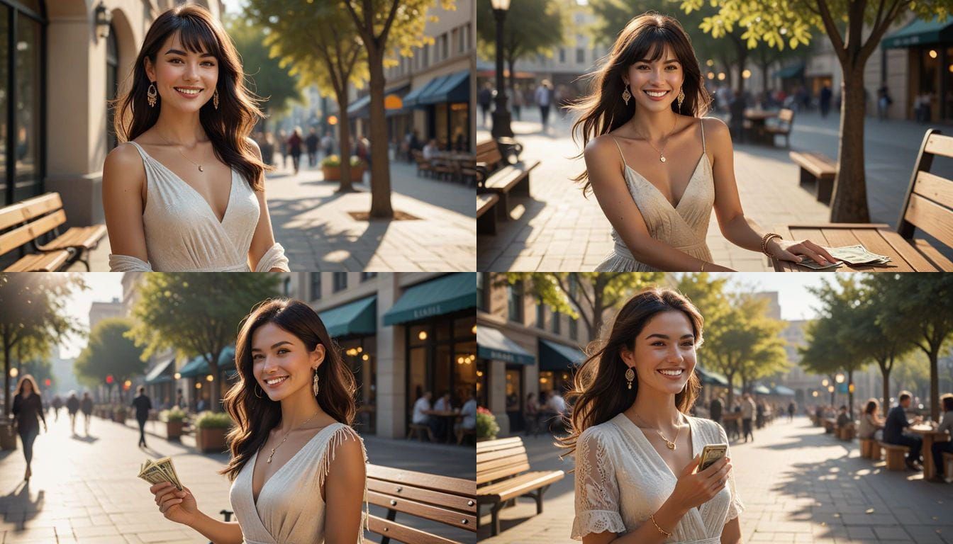 Elegant Woman Counts Money Joyfully in Modern Plaza