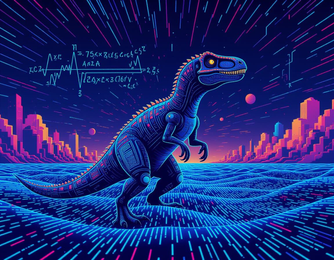 Astronaut Velociraptor Rises in Synthwave Cyber Landscape