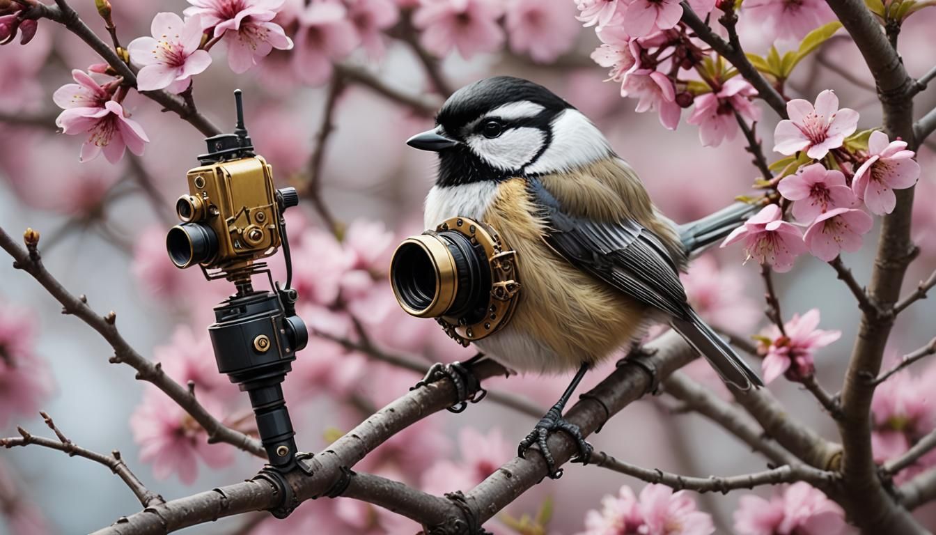 Steampunk Chickadee in Spring Blossoms