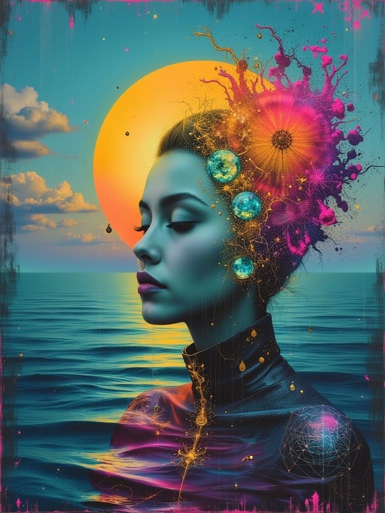 Surreal Goddess Emerges from Oceanic Dawn