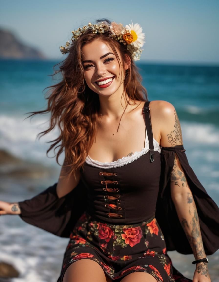 Beautiful Tattooed Pirate Girl Portrait with Flowers