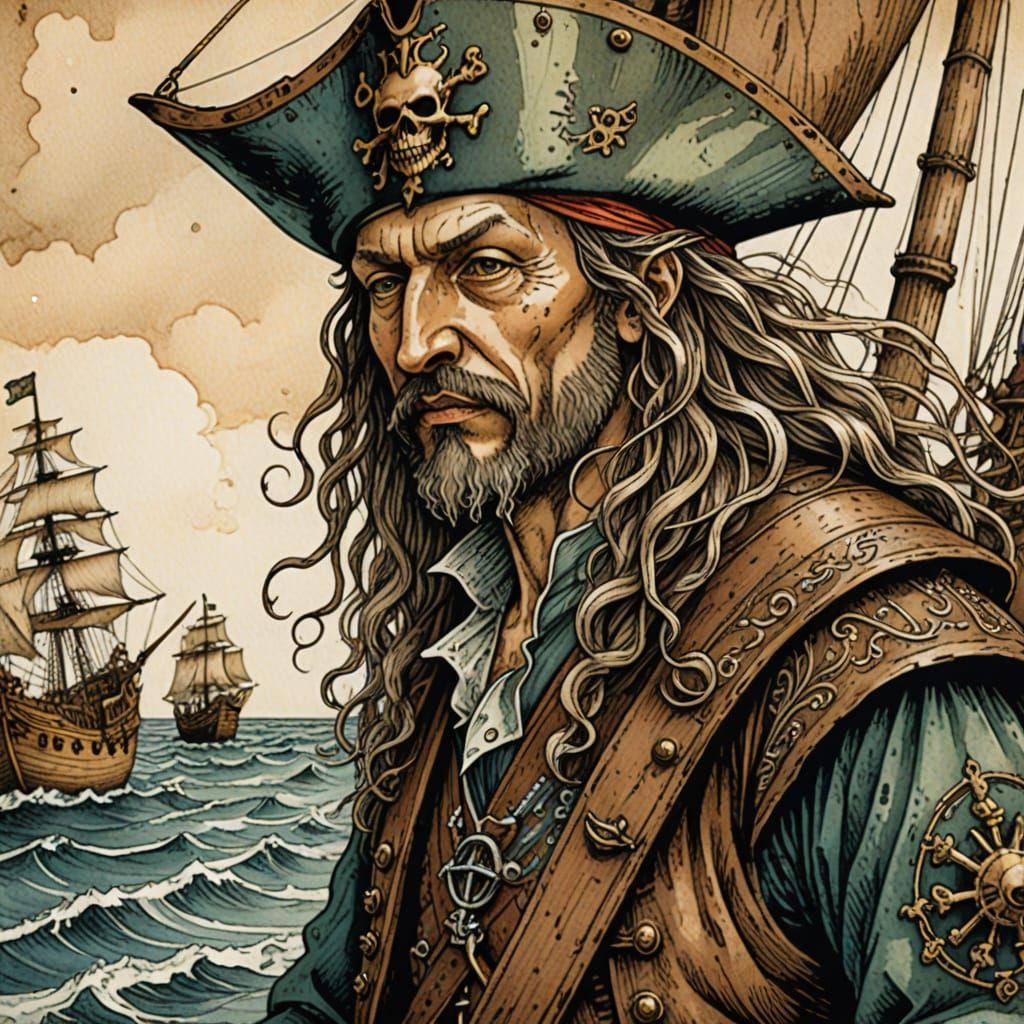 Fairy Pirate Ship in Durer-Style Woodcut Watercolor