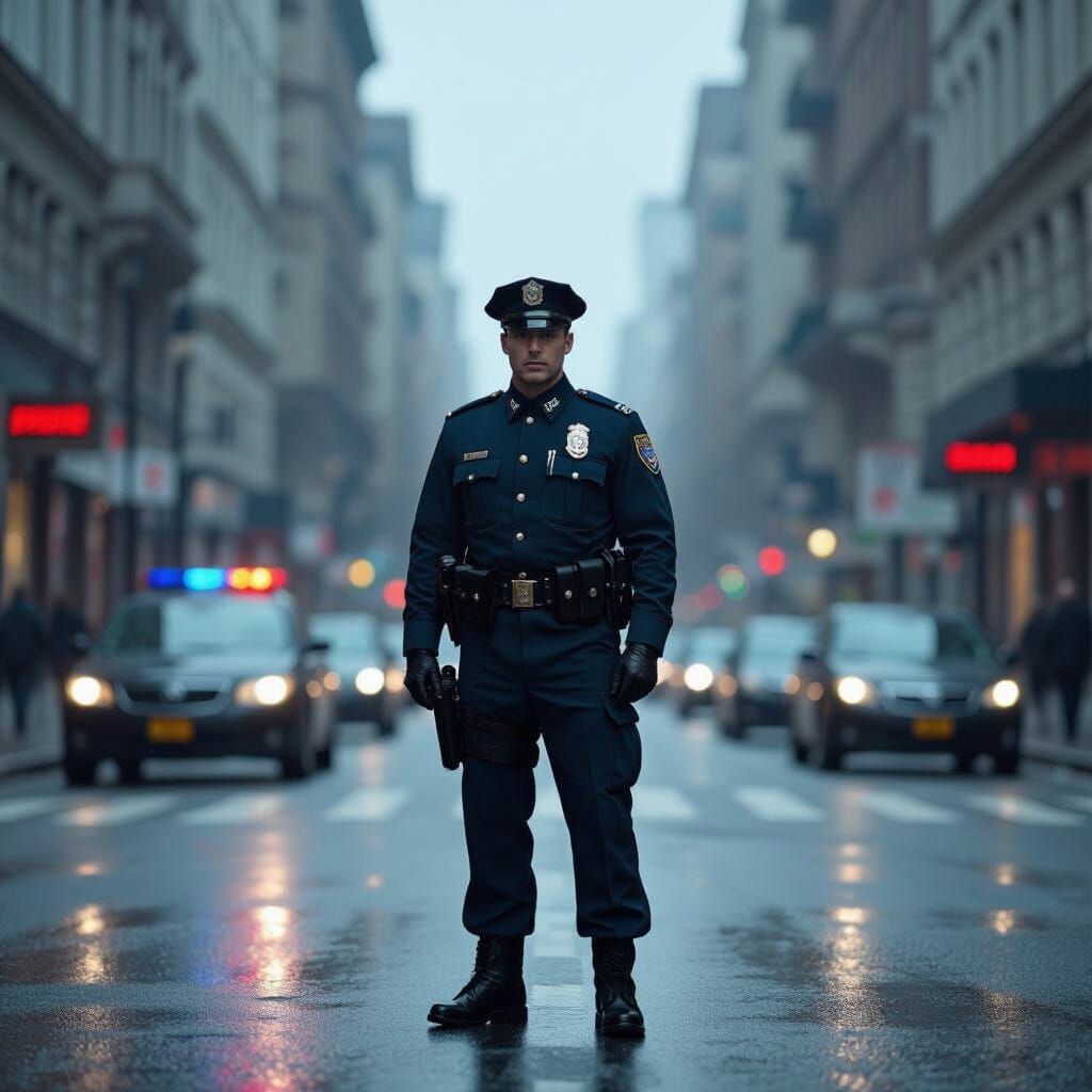 Policeman in City Street with Cinematic Lighting
