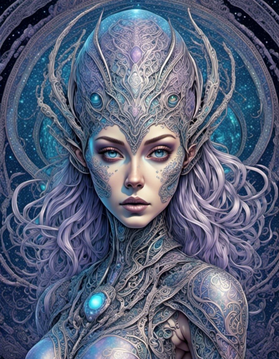 Beautiful Alien Queen in Iridescent Suit