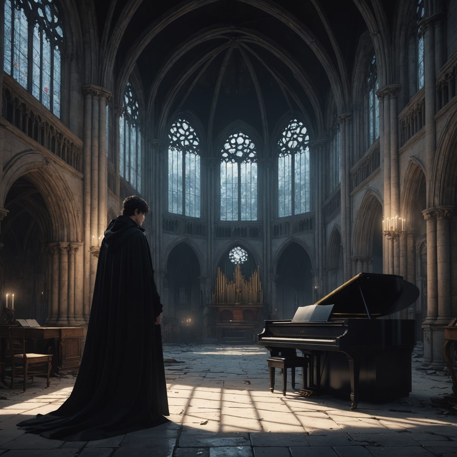 Cloaked Figure in Ruined Cathedral: 3D Anime Art