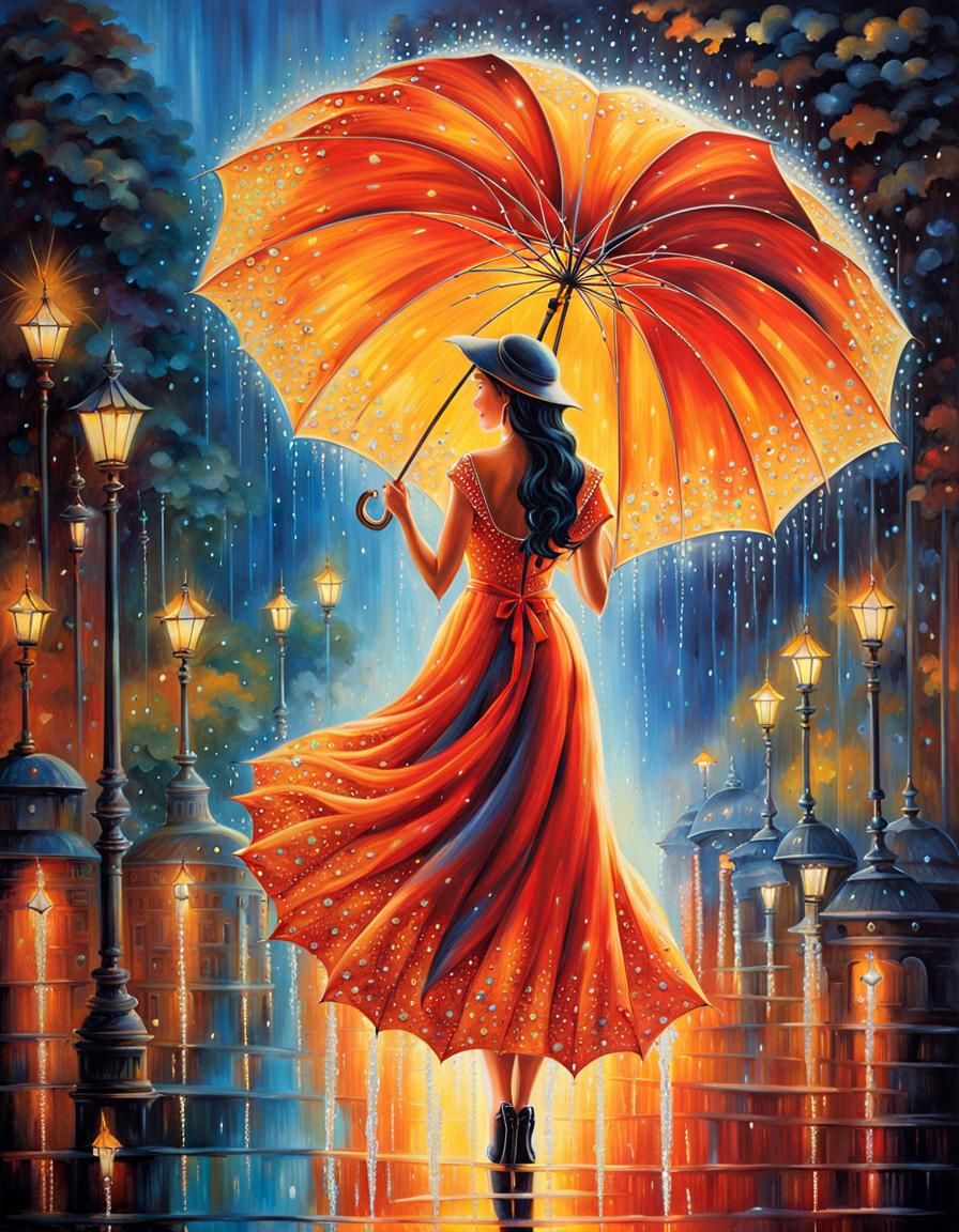 Enchanted Flame Figure with Raindrop Umbrella in Splash Art